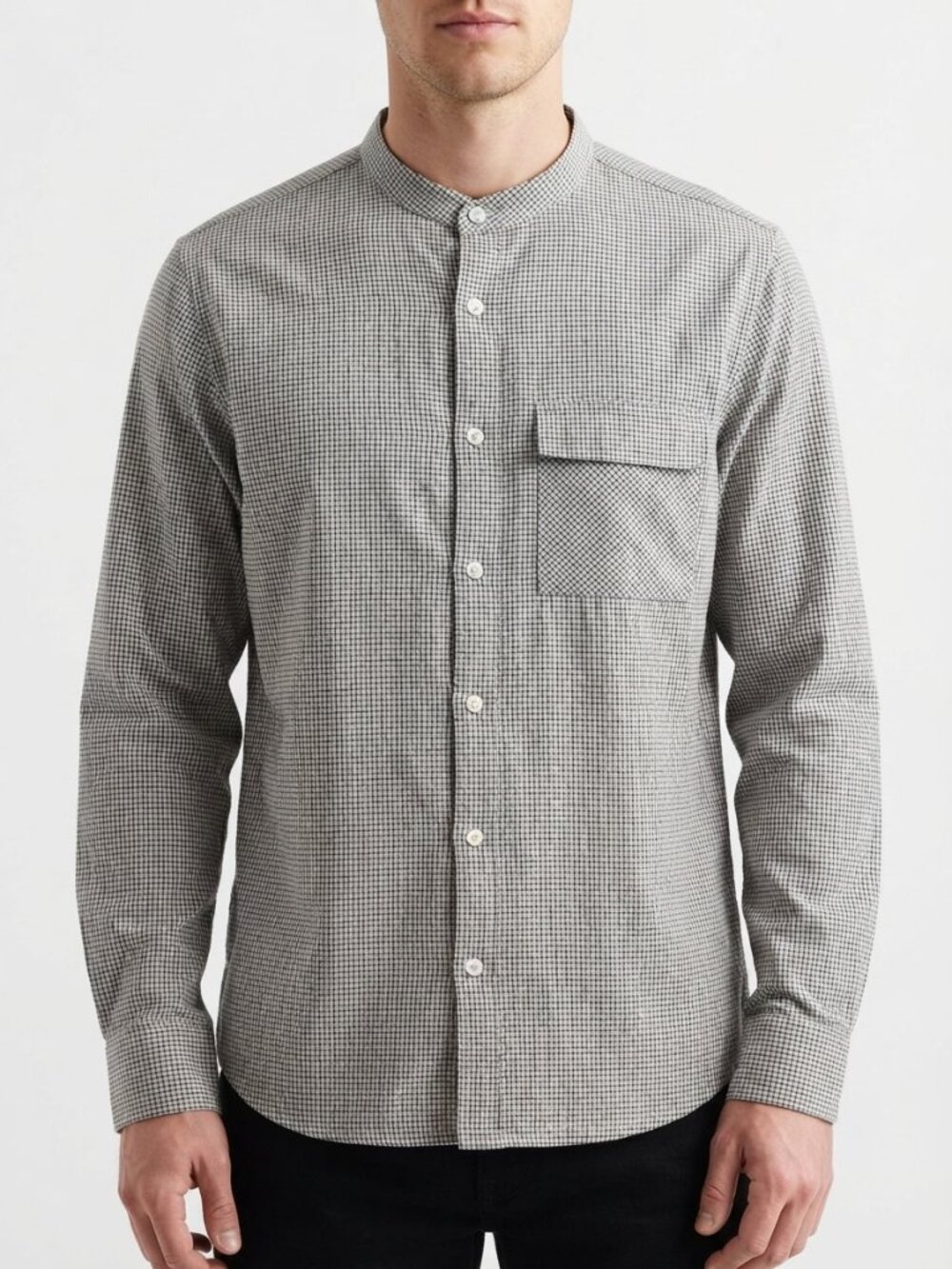 Men's Grey Gingham Band Collar Button-Down Shirt